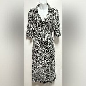 Jones New York Black and Tan Wrap Around Patterned Midi Dress Size 12